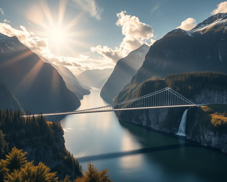 Hardangerbrücke in norwegischer Fjordlandschaft
