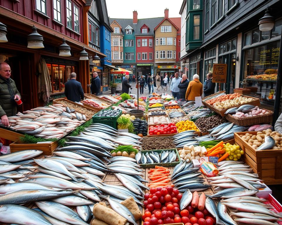 Norwegische Fischprodukte am Fischmarkt Bergen
