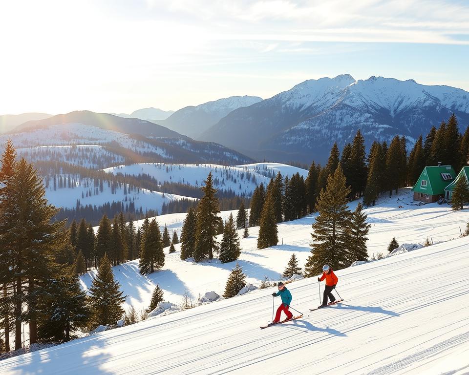 Norwegische Frühlingslandschaft mit Skifahrern Norwegische Frühlingslandschaft mit Skifahrern