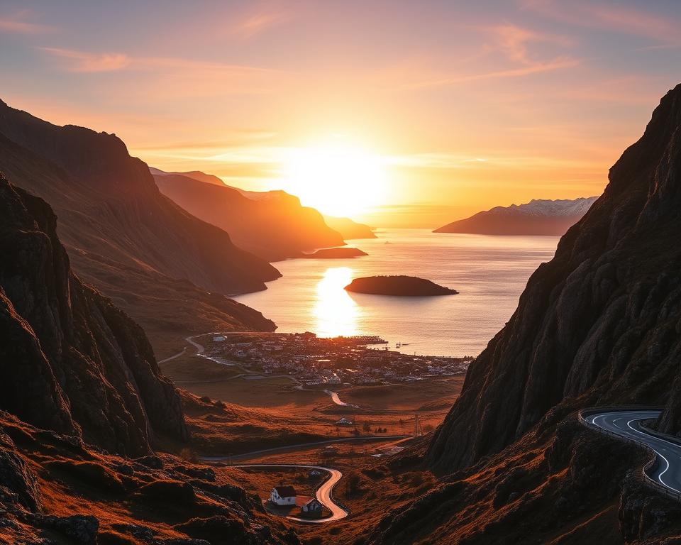Norwegische Küstenroute Sonnenuntergang