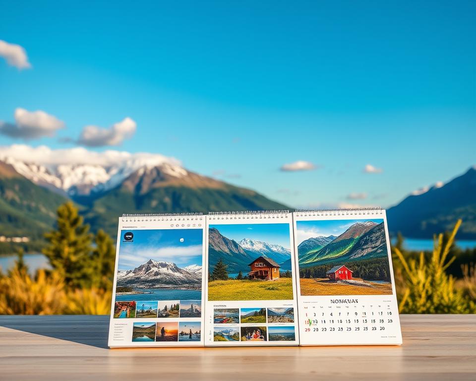 A beautiful Norwegian photo calendar featuring stunning vacation scenes. In the foreground, a neatly arranged calendar stands open, showcasing vibrant images of Norway's landscapes, including the majestic fjords, charming coastal towns, and the Northern Lights. The middle ground displays a picturesque setting with a cozy cabin surrounded by snow-capped mountains and lush green forests, evoking a sense of tranquility and adventure. In the background, a clear blue sky with soft, fluffy clouds contrasts with the rich colors of the natural scenery. The lighting is warm and inviting, suggesting either sunrise or sunset, adding a golden hue to the scene. The overall mood is serene and inspiring, inviting viewers to explore Norway’s breathtaking beauty. No text, logos, or watermarks are present in the image.
