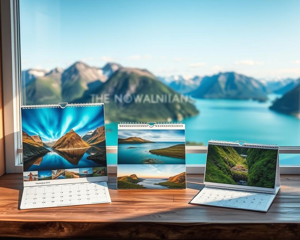 A beautifully arranged collection of Norwegian photo calendar formats displayed on a rustic wooden table. In the foreground, three different styles of calendars: a wall calendar with vibrant images of fjords and northern lights, a desk calendar showcasing serene coastal scenes, and a monthly planner featuring lush green landscapes. The middle layer includes soft natural light filtering through a nearby window, casting gentle shadows. In the background, a picturesque view of Norway’s majestic mountains and a turquoise lake, enhancing the beauty of the scenes captured in the calendars. The mood is serene and inspired, inviting viewers to imagine their travel memories in stunning formats, emphasizing the beauty of Norway's landscapes.