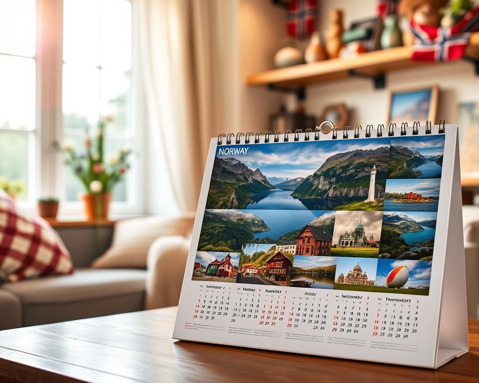 A beautifully arranged personalized photo calendar featuring stunning images from Norway, designed as a thoughtful gift for Norway enthusiasts. In the foreground, showcase a close-up view of the calendar, displaying vibrant and picturesque photos of Norwegian landscapes, fjords, and traditional architecture, all beautifully organized by month. The middle ground features a cozy, warmly lit living room setting with soft, natural light coming through a window, evoking a sense of comfort and homeliness. The background includes hints of Norwegian-inspired decorations, such as a wooden shelf adorned with souvenirs from Norway. The overall atmosphere is inviting and cheerful, conveying a sense of nostalgia and appreciation for travel. Use a soft focus on the edges to emphasize the calendar's details, with a lens flare effect to enhance the warm lighting.