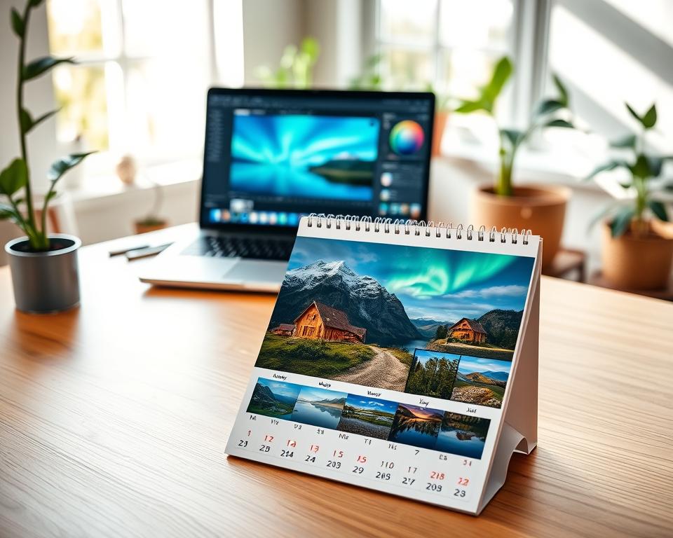 A serene workspace featuring a beautifully designed photo calendar showcasing vacation pictures from Norway. In the foreground, focus on the calendar sitting on a sleek wooden desk, with vibrant images of fjords, northern lights, and charming cabins. The middle ground reveals a laptop displaying editing software with graphic design elements, and a color palette of soothing blues and greens that reflect nature. In the background, soft natural light streams through a large window, illuminating the room filled with houseplants and subtle Norwegian décor. The overall mood is creative and inspiring, emphasizing the importance of thoughtful design in calendar-making while avoiding common pitfalls. The angle captures a slightly elevated view to provide depth and context to the workspace atmosphere.