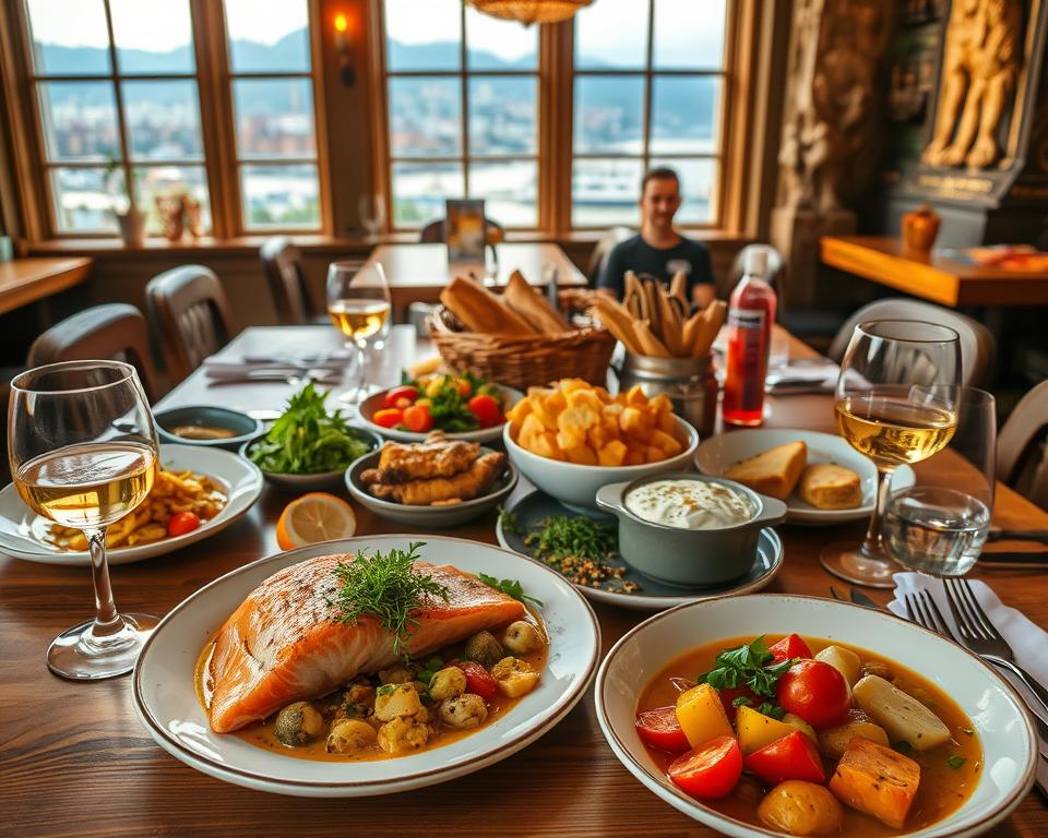 A beautifully arranged table showcasing traditional Norwegian cuisine in Oslo. In the foreground, a wooden table laden with an assortment of vibrant dishes, including a stunning plate of fresh salmon, creamy potato stew, and colorful root vegetables. An elegant glass of aquavit beside a rustic bread basket indicates a local dining experience. In the middle, a cozy restaurant atmosphere with warm lighting casts a golden glow over the dishes, while tasteful decor features traditional Norwegian motifs, such as wood carvings and local art. In the background, large windows reveal a glimpse of Oslo's scenic waterfront and mountains, creating a serene and inviting mood. Capture the essence of Norwegian culinary delights in a captivating, inviting composition.