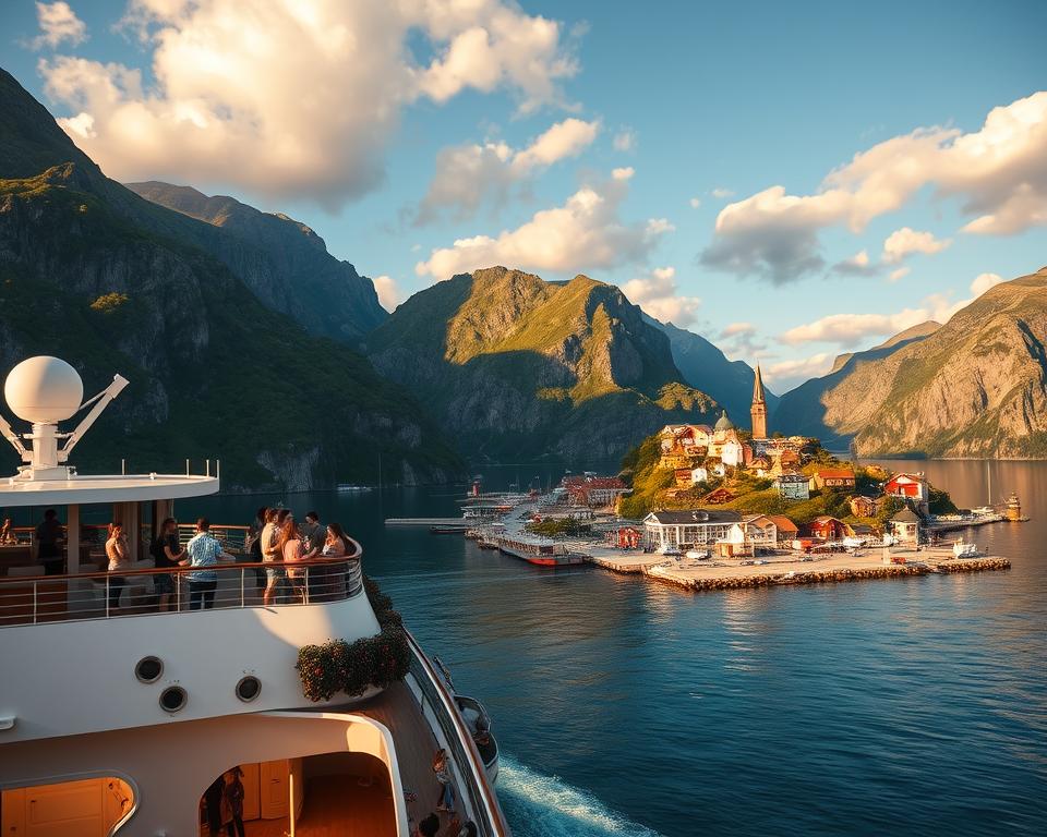 A breathtaking view of a cruise ship gracefully navigating through Norway's stunning fjords during the ideal travel season, with the warm glow of golden hour light illuminating the dramatic cliffs and lush greenery. In the foreground, the elegant cruise ship features a mix of modern and classic design elements, with travelers enjoying the outdoor decks dressed in casual yet stylish clothing. The middle layer captures a vibrant and colorful array of quaint coastal towns dotting the shoreline, with charming wooden houses nestled against the backdrop of towering mountains. In the background, the clear blue sky is dotted with soft, fluffy clouds, reflecting the serene and inviting atmosphere of a perfect summer day. The overall mood should evoke a sense of adventure and tranquility, inviting viewers to explore the beauty of Norway.