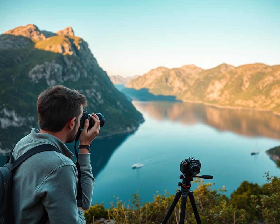 A breathtaking view of the Norwegian fjords, featuring dramatic cliffs and lush greenery rising sharply from tranquil waters. In the foreground, a photographer in modest casual clothing is capturing the scene with a professional camera on a tripod, emphasizing the art of landscape photography. The middle ground showcases a serene fjord reflecting the sky, dotted with small boats gently bobbing on the water. In the background, towering mountains glisten under the soft, golden glow of the sunset, casting warm hues against the cool blues of the water. The atmosphere is peaceful and inspiring, inviting viewers to appreciate the beauty of nature and the art of capturing it through photography. A breathtaking view of the Norwegian fjords, featuring dramatic cliffs and lush greenery rising sharply from tranquil waters. In the foreground, a photographer in modest casual clothing is capturing the scene with a professional camera on a tripod, emphasizing the art of landscape photography. The middle ground showcases a serene fjord reflecting the sky, dotted with small boats gently bobbing on the water. In the background, towering mountains glisten under the soft, golden glow of the sunset, casting warm hues against the cool blues of the water. The atmosphere is peaceful and inspiring, inviting viewers to appreciate the beauty of nature and the art of capturing it through photography.