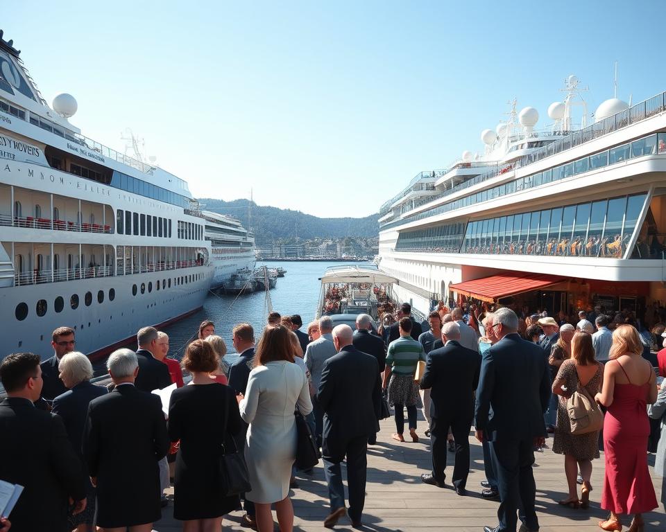 A bustling cruise port in Oslo, Norway, with colorful ships docked side by side. In the foreground, elegantly dressed tourists are gathered, admiring the vibrant harbor scene, some consulting maps and guides. The middle ground features a mix of modern and historical architecture lining the waterfront, with cafes and shops radiating life. The background showcases the iconic Oslo Opera House, its striking white façade contrasting against the deep blue fjord and clear sky. Soft sunlight bathes the scene, casting gentle shadows and creating a lively yet relaxed atmosphere. The perspective captures a wide-angle view, emphasizing the vibrancy of the harbor and inviting exploration.