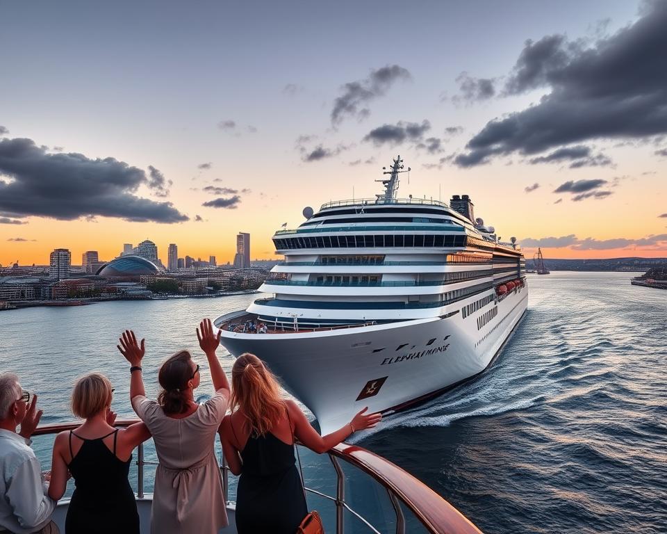 A majestic cruise ship departs from the bustling Hamburg harbor, showcasing its grandeur in the foreground, while passengers in elegant casual attire happily wave goodbye. In the middle ground, the vibrant city skyline of Hamburg is illuminated by the soft glow of sunset, with iconic architectural features like the Elbphilharmonie. The background reveals the tranquil waters of the Elbe River leading towards the open sea, reflecting hues of orange and purple from the sky. Layered clouds add depth to the scene, enhancing the serene atmosphere of adventure awaiting on a Norwegian fjord cruise. The lighting is warm and inviting, with a focus on the ship, creating a sense of anticipation and excitement for travelers. Use a wide-angle lens perspective to convey the vastness of both the ship and the scenic backdrop. A majestic cruise ship departs from the bustling Hamburg harbor, showcasing its grandeur in the foreground, while passengers in elegant casual attire happily wave goodbye. In the middle ground, the vibrant city skyline of Hamburg is illuminated by the soft glow of sunset, with iconic architectural features like the Elbphilharmonie. The background reveals the tranquil waters of the Elbe River leading towards the open sea, reflecting hues of orange and purple from the sky. Layered clouds add depth to the scene, enhancing the serene atmosphere of adventure awaiting on a Norwegian fjord cruise. The lighting is warm and inviting, with a focus on the ship, creating a sense of anticipation and excitement for travelers. Use a wide-angle lens perspective to convey the vastness of both the ship and the scenic backdrop.
