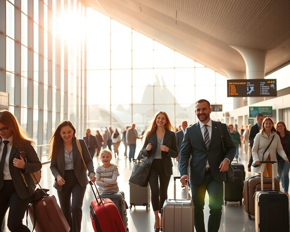 A modern Oslo airport terminal bustling with travelers in professional business attire and modest casual clothing. In the foreground, cheerful families and solo travelers carry luggage while checking flight information on digital displays. The middle ground features sleek architectural lines of the terminal, with large glass windows allowing sunlight to flood in, creating a bright and inviting atmosphere. In the background, there are views of iconic Oslo structures, including the Oslo Opera House peeking through the terminal’s windows. The scene captures a sense of excitement and anticipation, with warm, natural lighting accentuating the vibrant energy of the airport. The composition should evoke a feeling of ease and readiness for adventure as travelers embark on their journeys.
