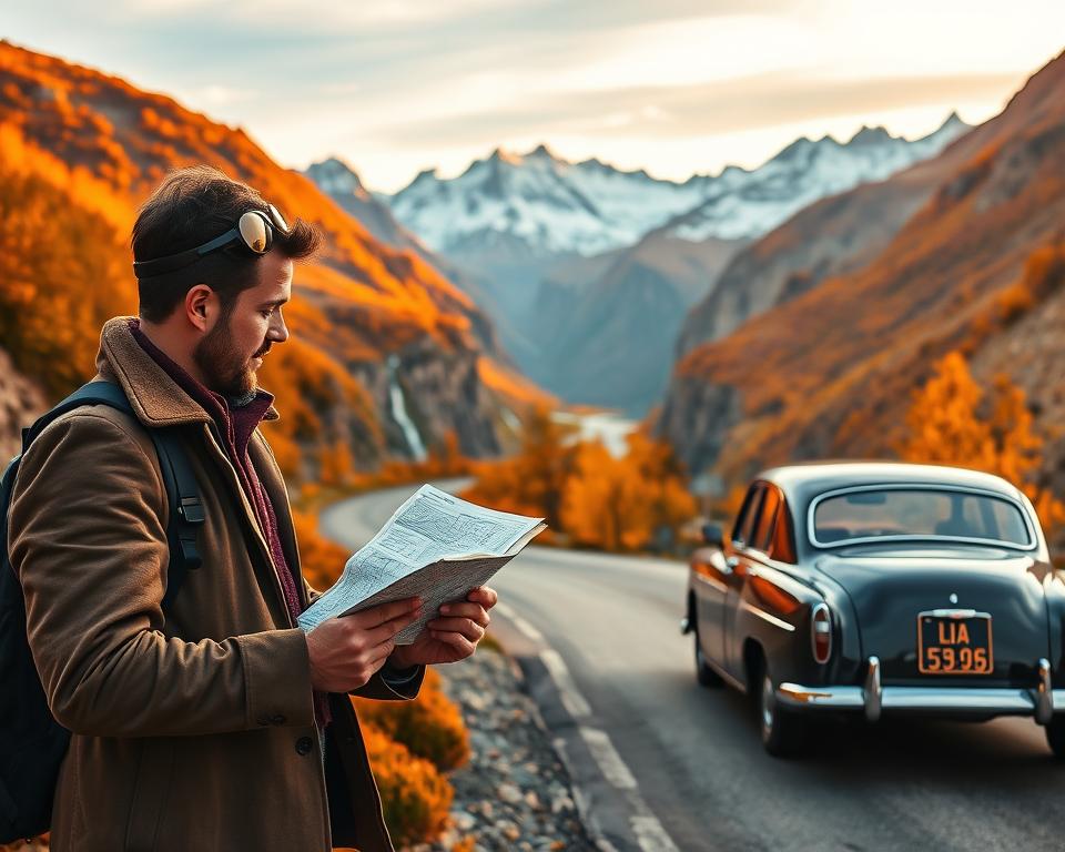 A picturesque mountain landscape in Norway showcases a winding road adorned with colorful autumn foliage, reflecting vibrant shades of orange and gold. In the foreground, a well-dressed traveler consults a detailed map and a GPS device, with a look of excitement and determination. The middle ground features a classic car parked alongside the road, its silhouette against the backdrop of towering fjords and cascading waterfalls. In the background, majestic snow-capped mountains rise under a soft, golden hour light that sets a warm and inviting atmosphere. The sky is a blend of pastel hues, suggesting the beginning of an unforgettable journey. The image captures both adventure and serenity, inviting viewers to envision their own perfect road trip through Norway.