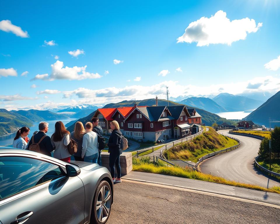 A picturesque scene capturing the essence of a road trip through Norway’s vibrant cities. In the foreground, a sleek, modern car parked alongside a scenic viewpoint, with Norwegian architecture in the background, showcasing colorful wooden houses and charming cafes. To the left, a group of diverse travelers in modest casual clothing enjoy a moment together, admiring the landscape. The middle ground features a winding road flanked by lush green hills and distant snowy mountains, reflecting Norway's stunning natural beauty. The background shows a clear blue sky with soft, fluffy clouds, illuminated by warm midday sunlight, creating a cheerful and adventurous atmosphere. The composition invites viewers to experience the cultural richness and breathtaking sights of Norway's cities.
