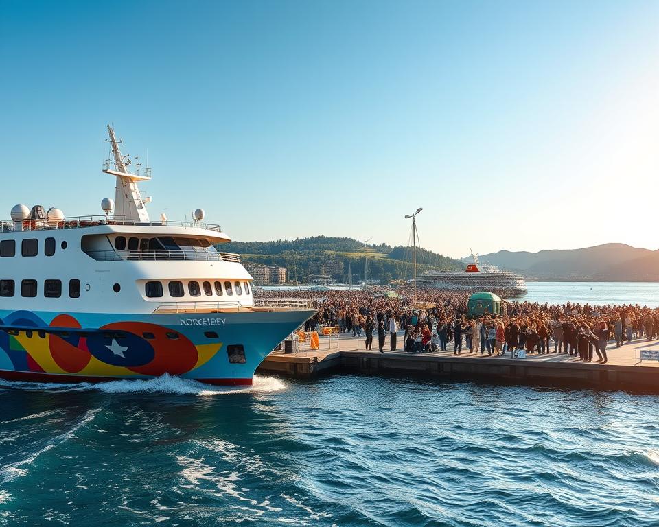 A picturesque scene showcasing a Norwegian ferry departing from a German port, set in the foreground. The ferry, painted in vibrant colors, is ready to embark on its journey, with waves gently lapping against its hull. In the middle ground, the bustling harbor is filled with travelers, some waving goodbye and others capturing photos of their adventure. The background features the serene coastline of Germany, with lush greenery and distant hills under a bright, sunny sky. Soft, natural lighting illuminates the entire scene, emphasizing the excitement and anticipation of travel. The angle captures both the ferry and the harbor, evoking a sense of motion and freedom as the journey to Norway begins.