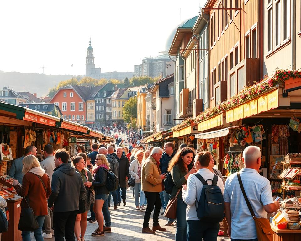 A scene depicting the Oslo waterfront with a focus on budget travel, featuring a vibrant street market filled with quaint stalls showcasing Norwegian specialties and affordable souvenirs. In the foreground, a diverse group of tourists, dressed in modest casual clothing, are engaged in friendly discussions as they examine local crafts and snacks. The middle ground includes a picturesque view of traditional Norwegian architecture, with colorful wooden buildings lining the bustling street, while locals and visitors enjoy the pleasant atmosphere. In the background, the iconic Oslo Opera House looms majestically, reflecting the soft golden rays of the afternoon sun. The image should capture a warm, inviting mood, with bright, natural lighting emphasizing the beauty of Oslo's urban landscape, shot from a slightly elevated angle to encompass the lively market scene and scenic backdrop.