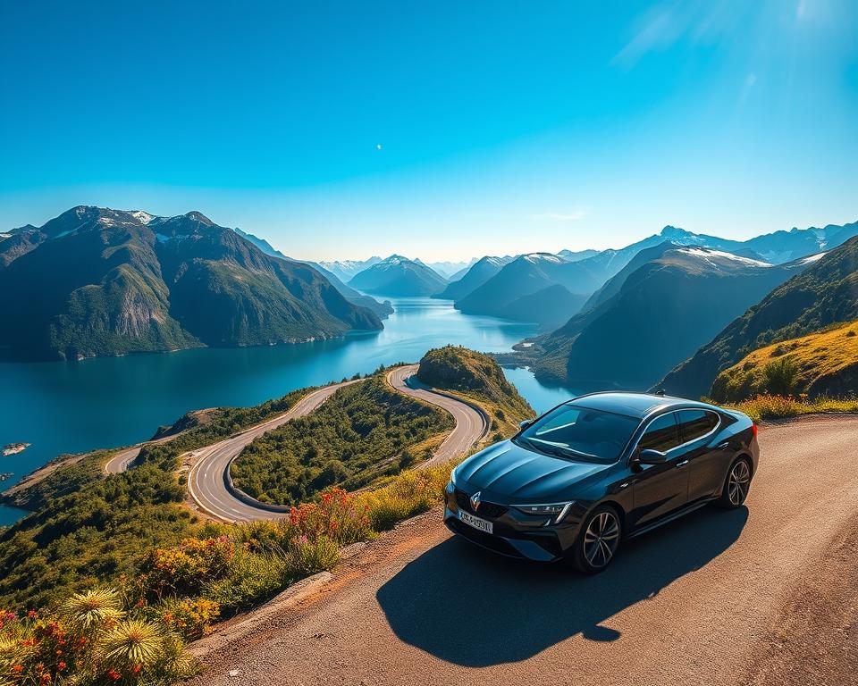 A scenic road trip through Norway, showcasing a winding coastal highway bordered by breathtaking fjords and towering mountains. In the foreground, a sleek, modern car is parked on a cliffside overlook, capturing the essence of adventure and exploration. The middle ground features lush greenery and vibrant wildflowers, while the background reveals dramatic peaks dusted with snow under a clear blue sky. Soft, golden sunlight illuminates the scene, casting gentle shadows and creating a warm, inviting atmosphere. The angle should be slightly elevated, providing a panoramic view that emphasizes the beauty of the Norwegian landscape, evoking a sense of wanderlust and the excitement of travel.