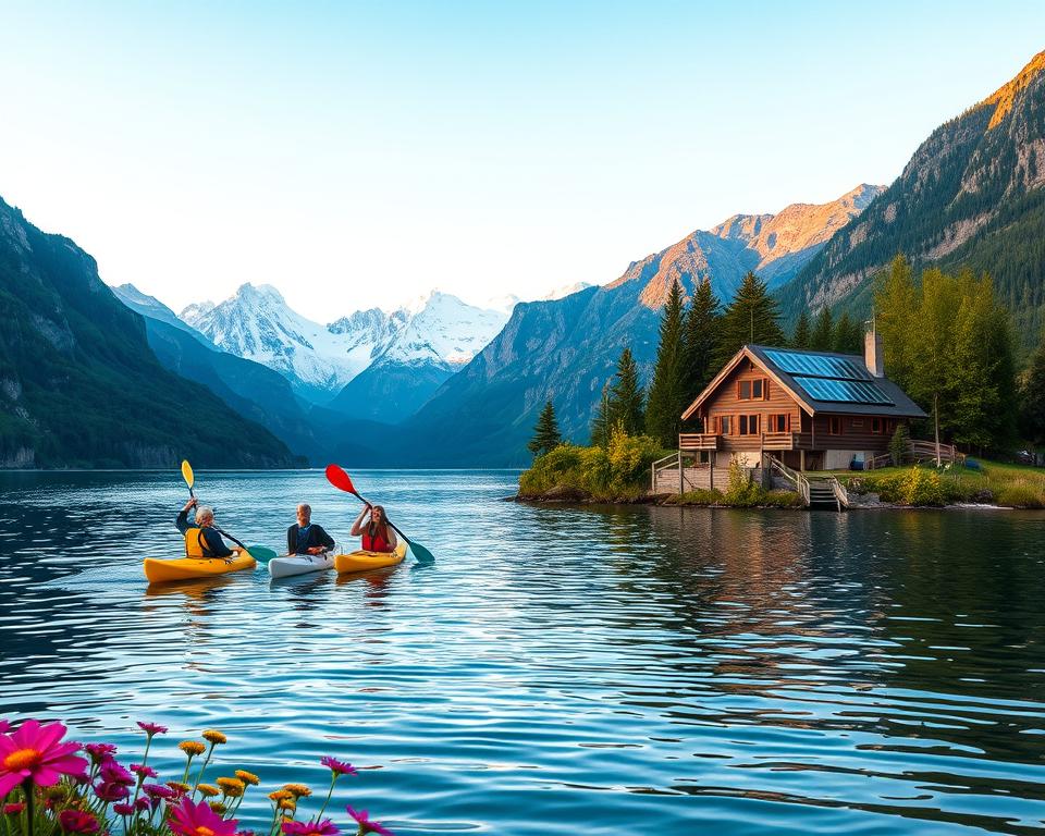 A serene coastal scene in Norway showcasing sustainable travel. In the foreground, a group of friends in casual outdoor clothing are peacefully kayaking on a clear blue fjord, surrounded by lush green mountains and vibrant wildflowers. The middle ground features a quaint, eco-friendly wooden cabin nestled among trees, with solar panels on the roof, illustrating sustainable living. In the background, majestic snow-capped peaks stretch into the sky under soft, golden hour lighting, creating a warm and inviting atmosphere. The scene radiates a sense of tranquility and respect for nature, with gentle ripples on the water reflecting the stunning landscape. The image captures the essence of exploring Norway sustainably and mindfully.