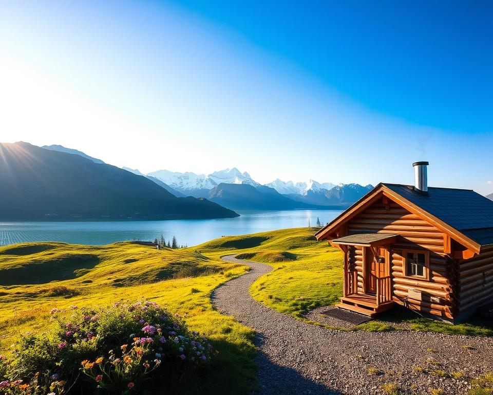 A tranquil scene depicting charming accommodations in Norway, showcasing a rustic cabin by a serene fjord. In the foreground, a cozy wooden cabin with a small porch and a welcoming smoke rising from the chimney. The middle ground features lush green hills, dotted with wildflowers and a winding gravel path that leads to the cabin. In the background, majestic snow-capped mountains under a clear blue sky. Soft, warm sunlight casts gentle shadows, creating an inviting atmosphere. The scene captures the essence of a peaceful stay during a road trip, radiating a sense of adventure and relaxation. The image should convey a feeling of comfort and connection to nature, ideal for travelers seeking unforgettable experiences.