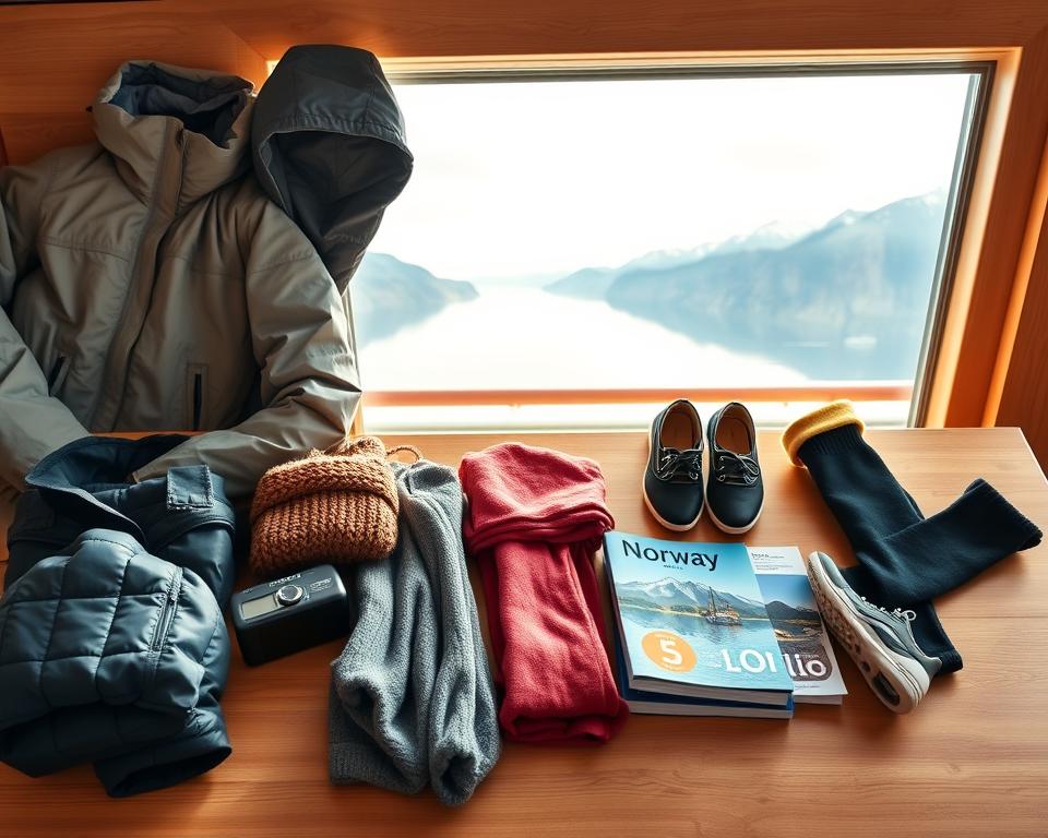 A vibrant and detailed depiction of a packing list for a Norwegian cruise, showcasing a sophisticated flat lay arrangement on a wooden table. In the foreground, neatly arranged clothing items for various weather conditions, including a warm winter jacket, breathable raincoat, layered sweaters, and thermal leggings. Beside them, travel essentials like a camera, a pair of comfortable shoes, and a travel guide to Norway. In the middle section, a beautiful backdrop of serene Norwegian fjords, subtly visible through a window, with soft natural sunlight streaming in, casting gentle shadows. The atmosphere is inviting and adventurous, conveying the excitement of exploring Oslo and its highlights. The image should feel warm and cozy, perfect for inspiring travelers and reflecting a sense of preparedness for a cruise adventure in Norway.