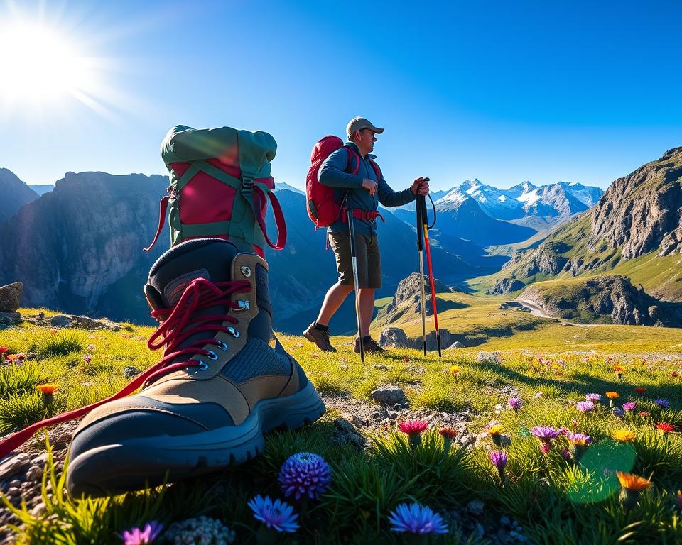 A well-equipped hiker preparing for an adventure in Jotunheimen National Park, foreground features sturdy hiking boots, a colorful backpack, and trekking poles. In the middle ground, show the hiker in a scenic mountainous landscape with dramatic cliffs and lush valleys, under a clear blue sky and bright sunlight casting warm illumination. The background showcases majestic peaks with snow caps, showcasing the beauty of nature. Capture the vibrant colors of wildflowers dotting the green meadows. The scene conveys an adventurous and inspiring mood, inviting the viewer to imagine the thrill of outdoor exploration. Use a wide-angle lens for a dynamic perspective, emphasizing both the hiker and the stunning nature surrounding them, invoking a sense of readiness and excitement for a journey into the wilderness. A well-equipped hiker preparing for an adventure in Jotunheimen National Park, foreground features sturdy hiking boots, a colorful backpack, and trekking poles. In the middle ground, show the hiker in a scenic mountainous landscape with dramatic cliffs and lush valleys, under a clear blue sky and bright sunlight casting warm illumination. The background showcases majestic peaks with snow caps, showcasing the beauty of nature. Capture the vibrant colors of wildflowers dotting the green meadows. The scene conveys an adventurous and inspiring mood, inviting the viewer to imagine the thrill of outdoor exploration. Use a wide-angle lens for a dynamic perspective, emphasizing both the hiker and the stunning nature surrounding them, invoking a sense of readiness and excitement for a journey into the wilderness.