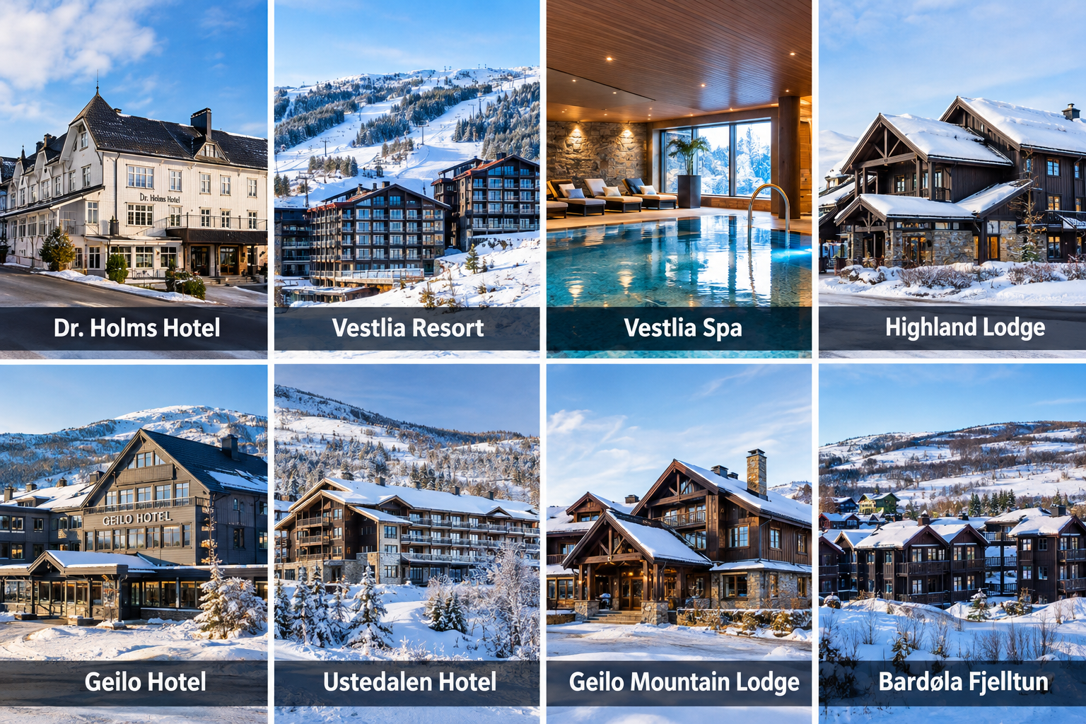 Bildcollage: Unterkünfte und Wellness in Geilo