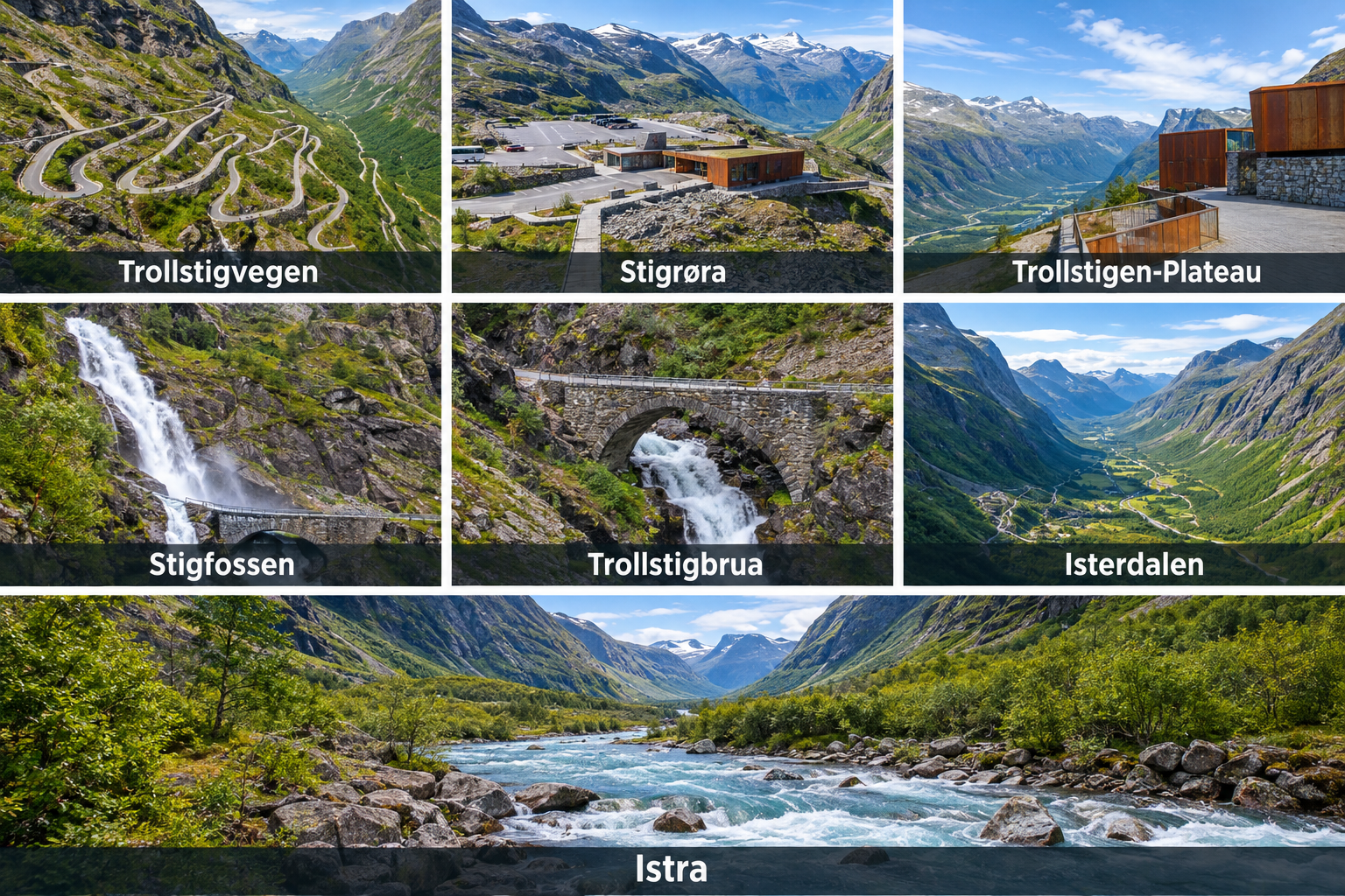 Bildcollage: Die wichtigsten Sehenswürdigkeiten am Trollstigen
