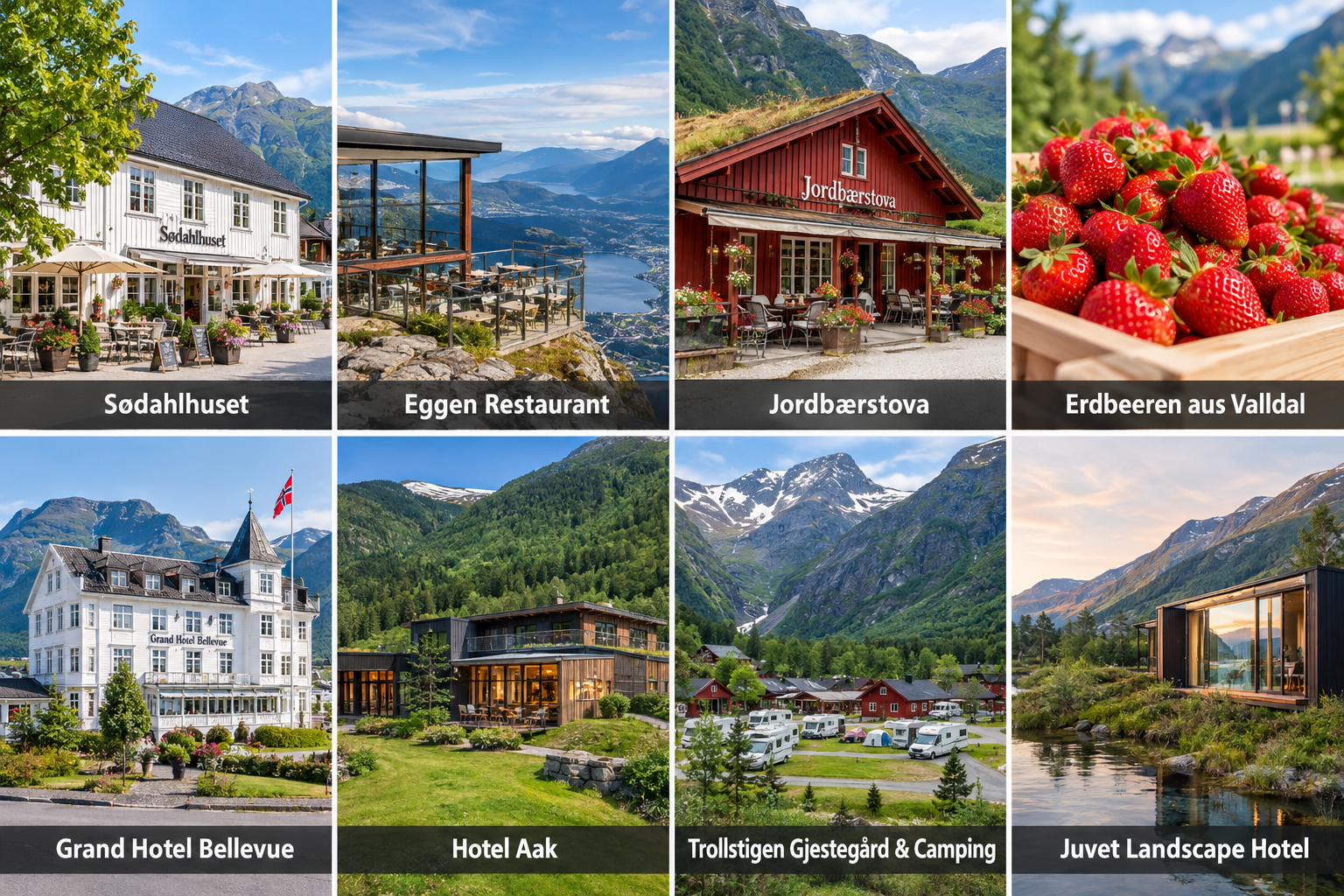 Bildcollage: Essen, Einkaufen und Übernachten in Trollstigen