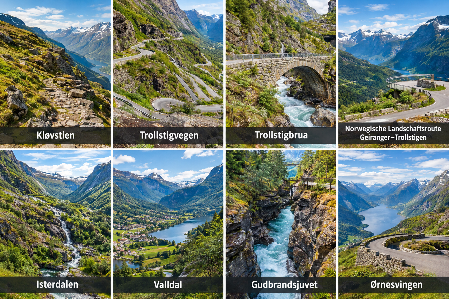 Bildcollage: Geschichte und Landschaftsarchitektur in Trollstigen