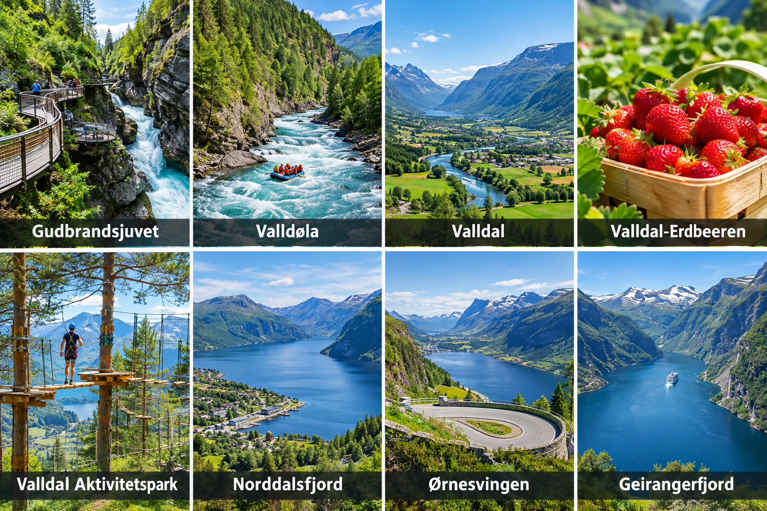 Bildcollage: Weiterfahrt nach Valldal und Geiranger in Trollstigen