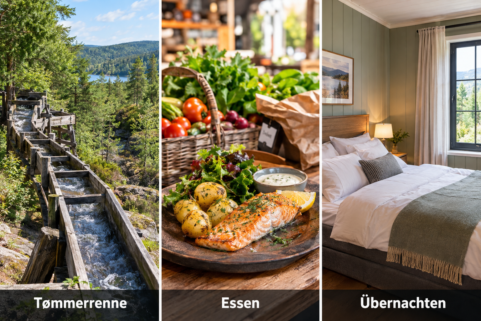 Bildcollage: Essen, Einkaufen und Übernachten in Vennesla
