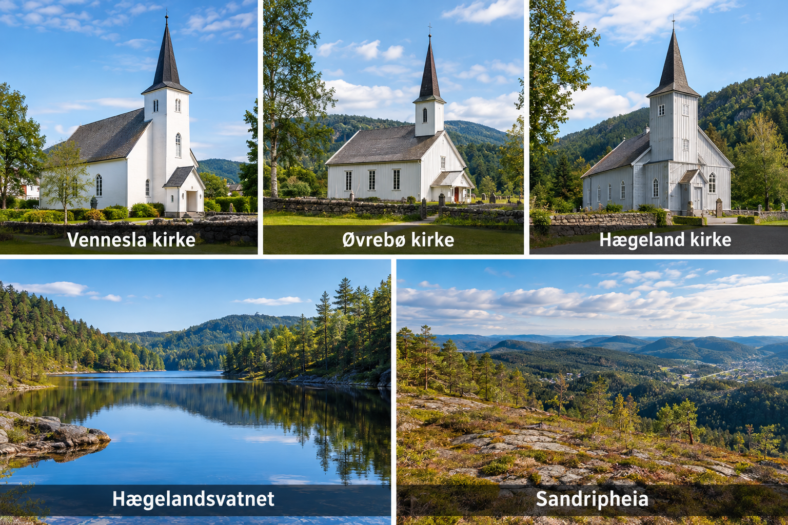 Bildcollage: Orte und Kulturgeschichte in der Kommune in Vennesla